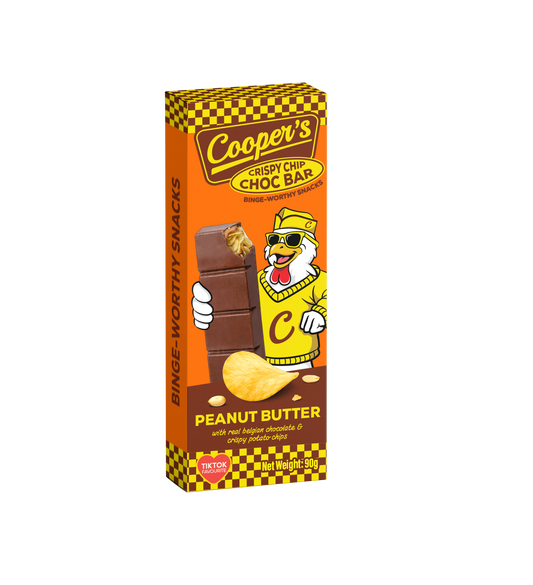 Cooper's choco bar with peanut butter and potato crisps