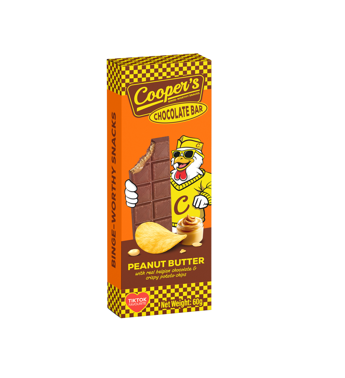 Cooper’s Binge-Worthy Snacks choco bar with peanut butter and potato crisps