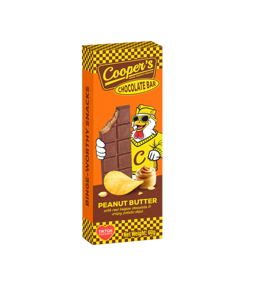 Cooper’s Binge-Worthy Snacks choco bar with peanut butter and potato crisps